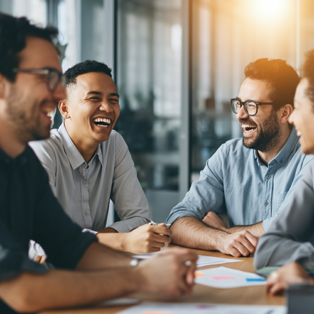 A group of employees laughing and collaborating around a table during a team-building activity. The room is brightly lit, and the focus is on their expressions of joy and connection.