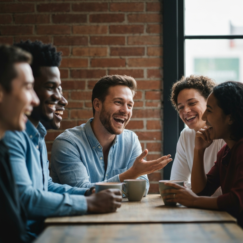 A group of diverse friends are sitting at a coffee shop, laughing. Soft, natural light streams in from the window, highlighting the textures of the brick wall and the ceramic mugs. One person is mid-sentence, gesturing animatedly, while others lean in with genuine smiles.