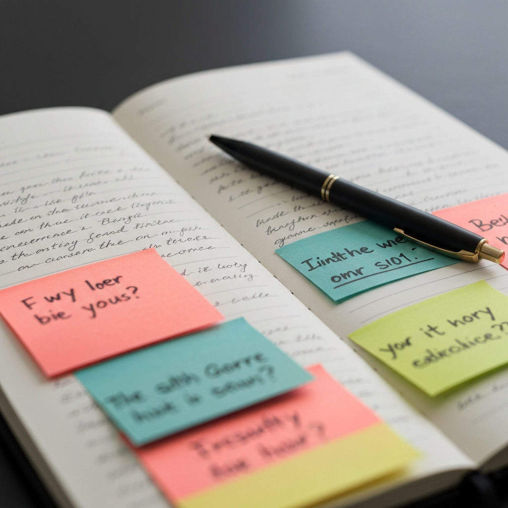 A close-up shot of a notebook with handwritten notes and doodles. A pen rests on the page, surrounded by colorful sticky notes with various funny words and phrases scribbled on them. The lighting is bright and even, showcasing the texture of the paper.