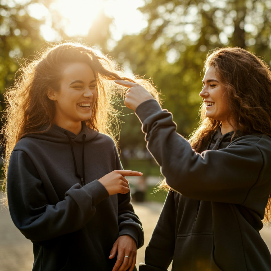 Two young women are playfully teasing each other in a sunlit park. One woman has long, wavy hair and is laughing, while the other is playfully pointing at her hair with a teasing smile. The background is blurred with soft bokeh, emphasizing the connection between the two friends.
