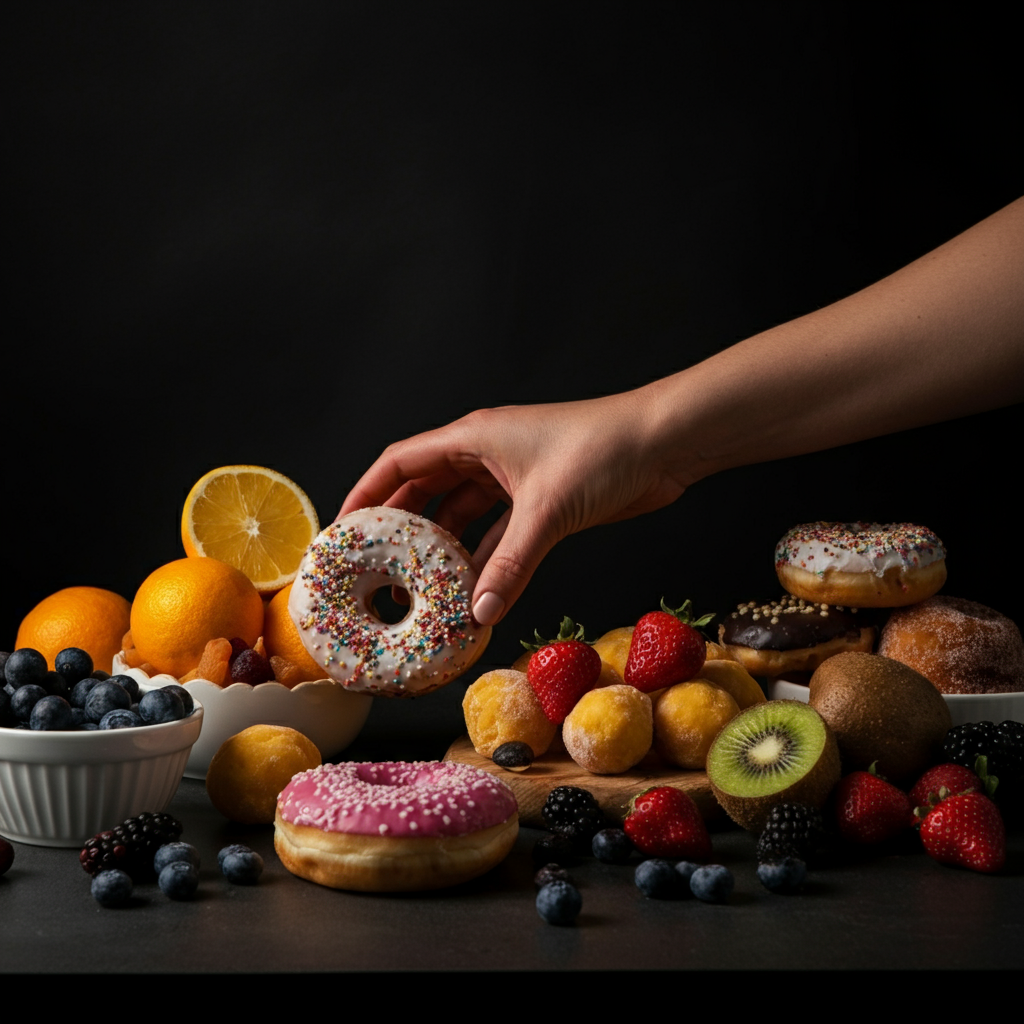 A brightly lit kitchen counter with various colorful fruits and pastries arranged artfully. A hand reaches in to grab a glazed donut, showcasing the textures and colors of the different foods.