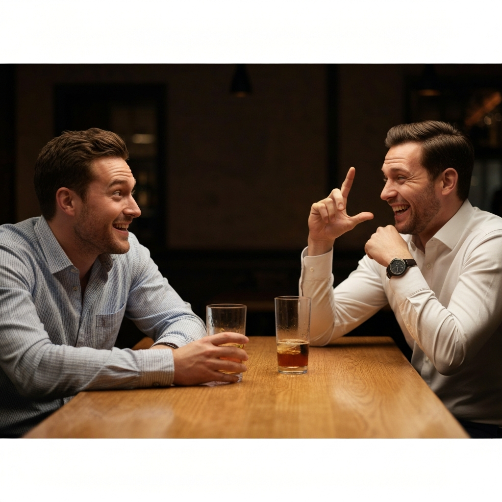 Two men are sitting across from each other at a bar, both smiling. One is raising his eyebrows in mock surprise, while the other is chuckling and shaking his head. The lighting is warm and inviting, highlighting the wood grain of the bar and the condensation on the glasses.