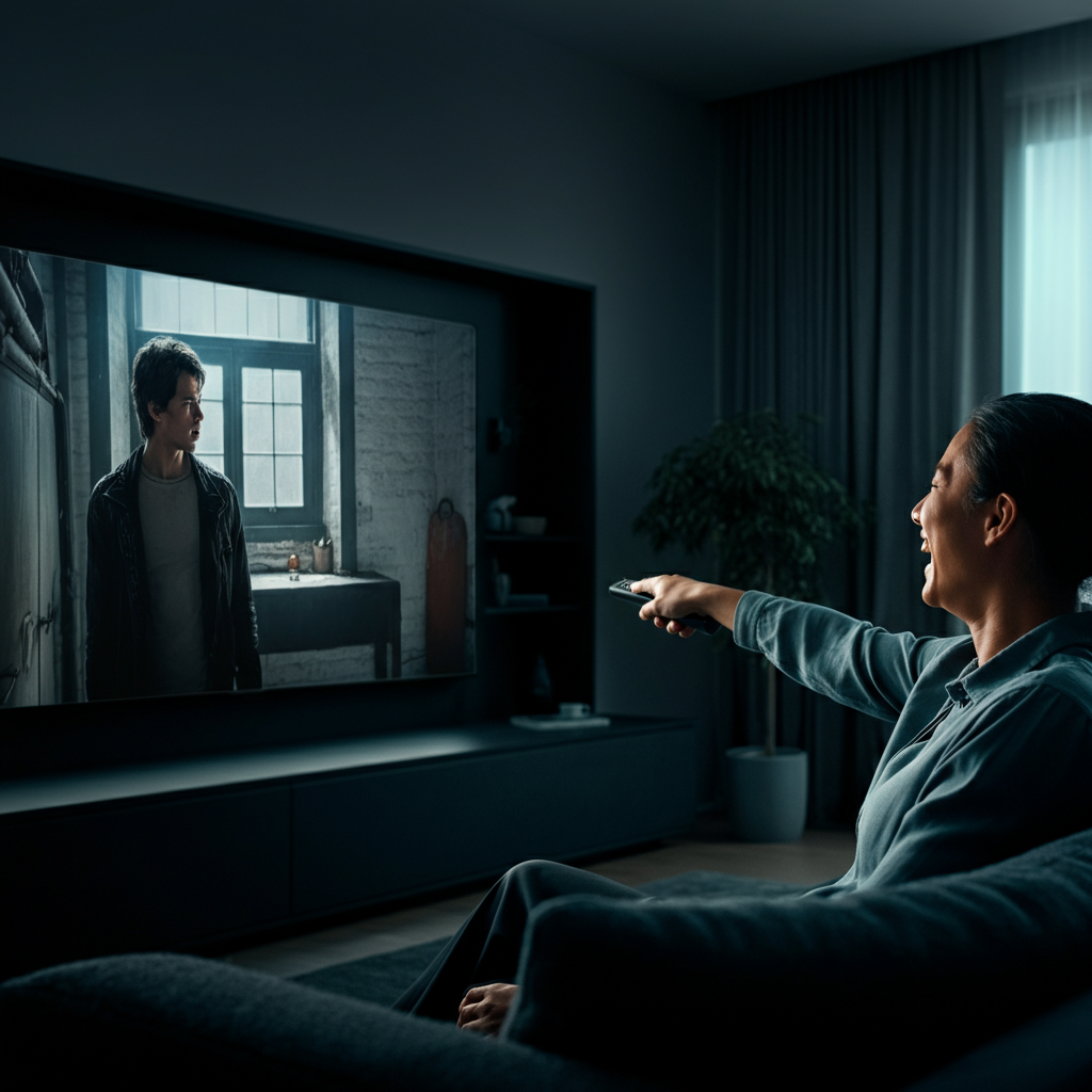 A dimly lit living room with a large television screen displaying a scene from a popular movie. A person is sitting on the couch, laughing and pointing at the screen with a remote control in hand. The room is cozy and inviting, with soft lighting and comfortable furniture.