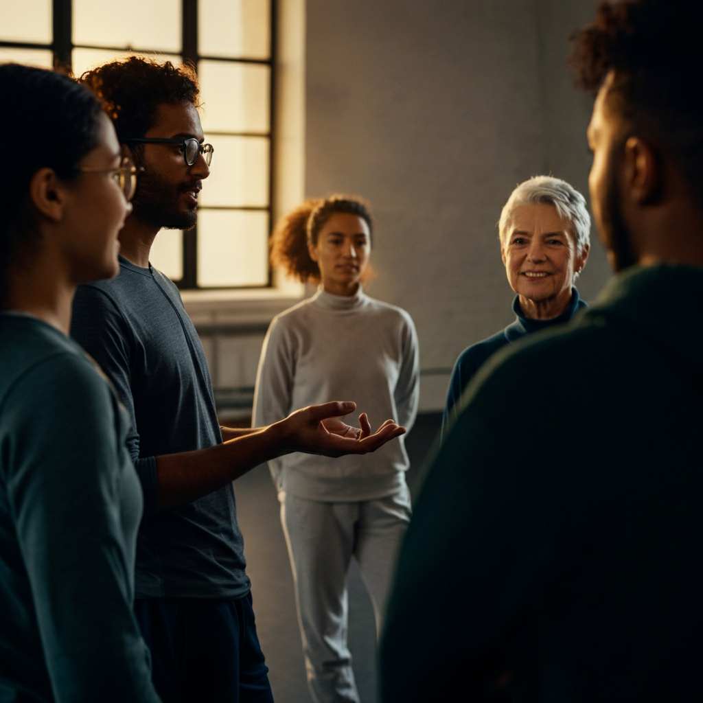 A diverse group of people are standing in a circle, engaged in a lively conversation. One person is speaking while others listen attentively, nodding and smiling. The scene is well-lit and professional, suggesting a workshop or training session on communication skills.