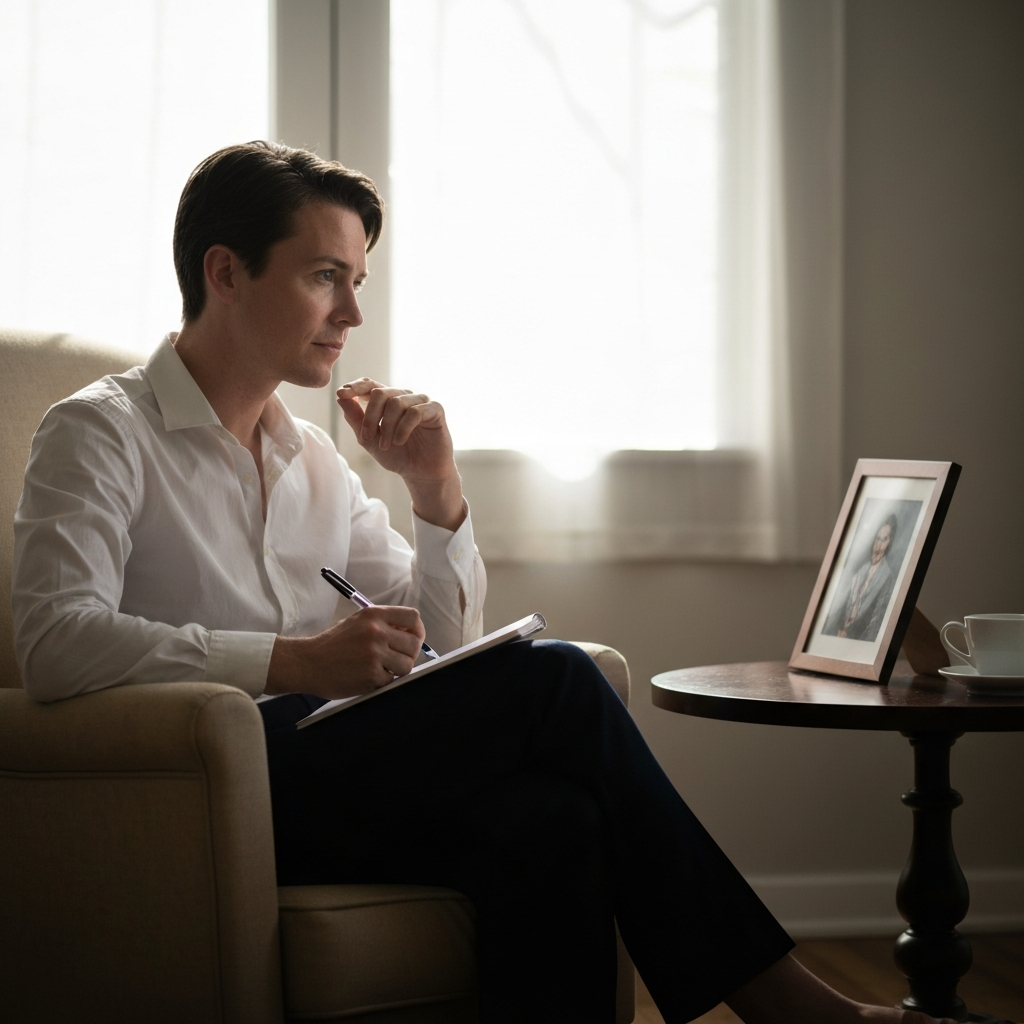 A person sitting in a sunlit armchair, thoughtfully holding a pen and notepad, gazing towards a framed photo on a nearby table. Soft bokeh background.