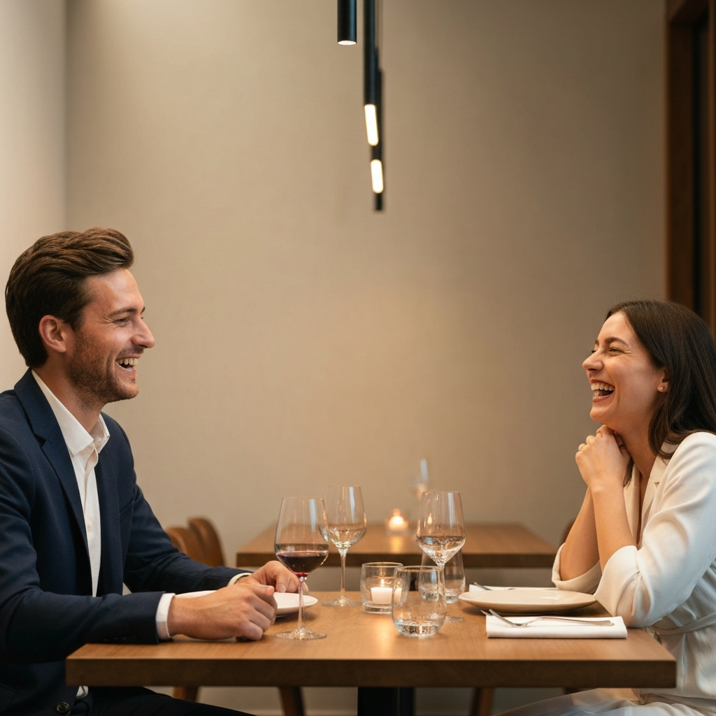 Two friends laughing together at a restaurant table, bathed in warm ambient lighting. Focus on their genuine smiles and relaxed posture.