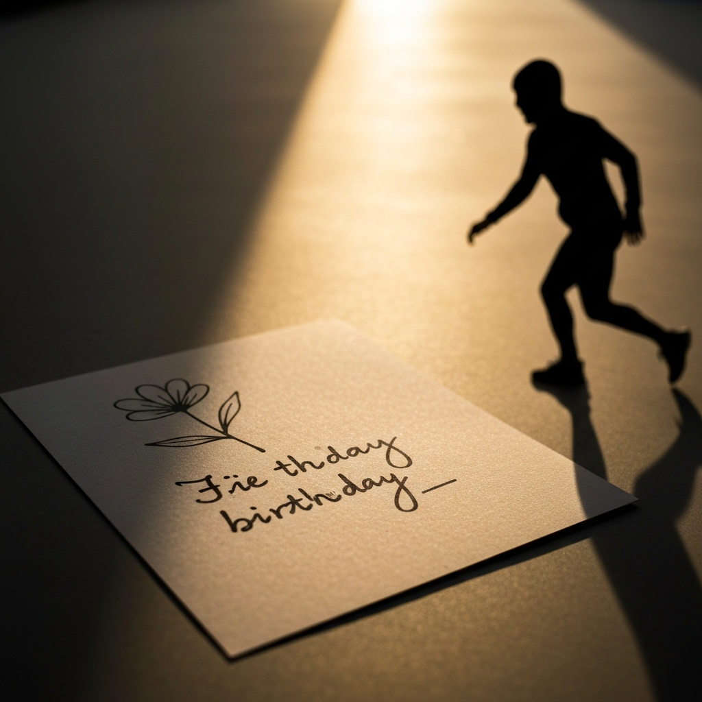 A close-up shot of a handwritten birthday card on textured paper, with a simple floral design in the background. Soft, diffused light illuminating the card.