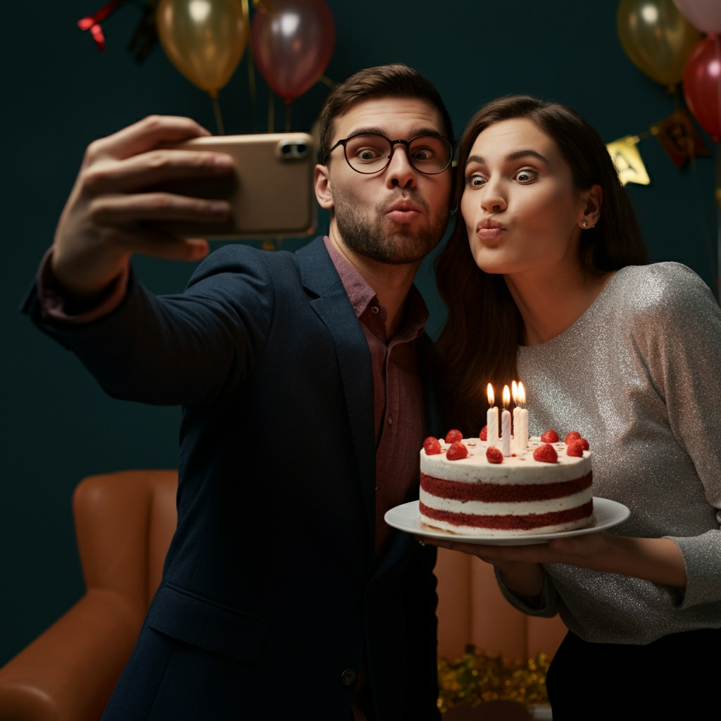Two friends making silly faces while taking a selfie at a birthday party. Festive decorations and balloons in the background, shallow depth of field.