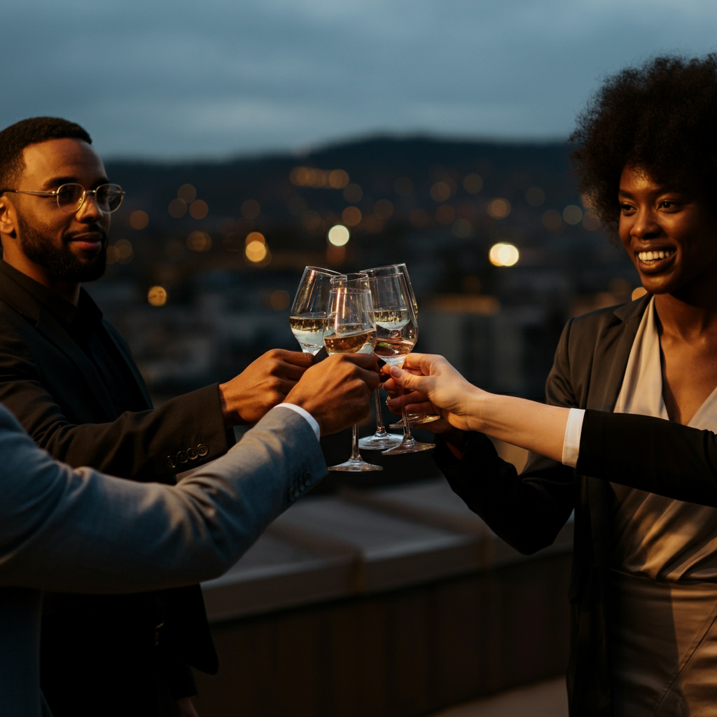 A group of diverse friends raising glasses in a toast at a rooftop party. City skyline visible in the soft, out-of-focus background.