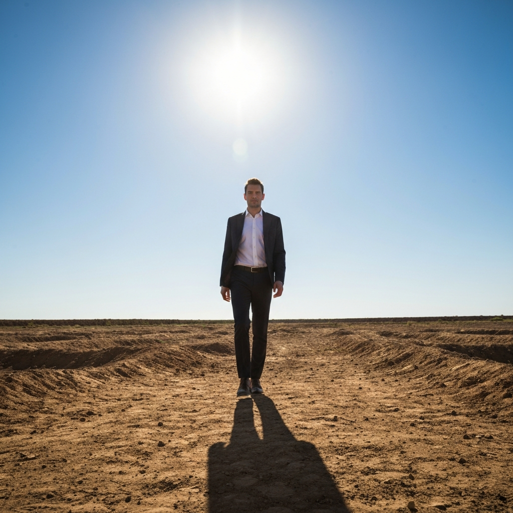 Wide shot of a dusty, open dirt field under a bright, sunny sky. The terrain is slightly uneven with small undulations. No obstacles are visible. The ground texture is detailed and the horizon is sharp.