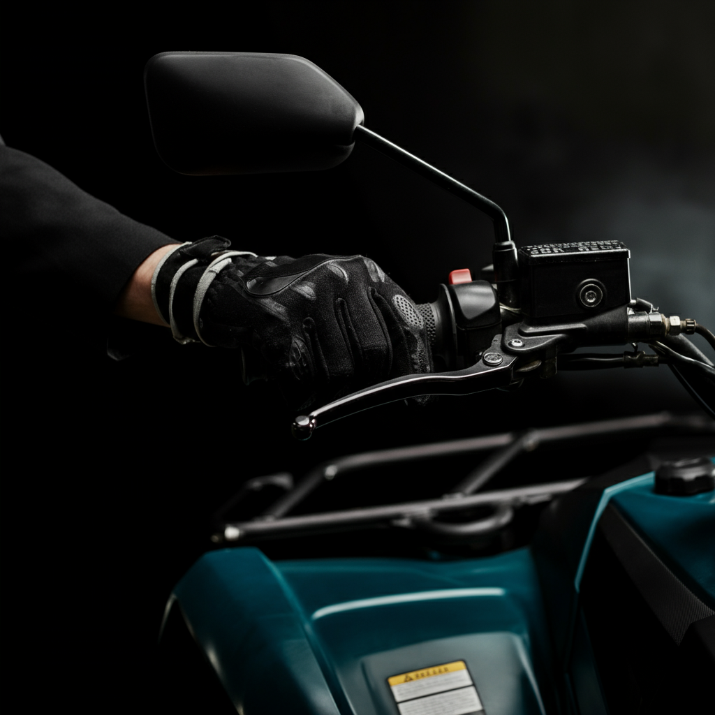 Close-up shot of an ATV rider's hands on the handlebars, focusing on the throttle and brake levers. The rider wears gloves. Soft lighting emphasizes the textures of the grips and controls.