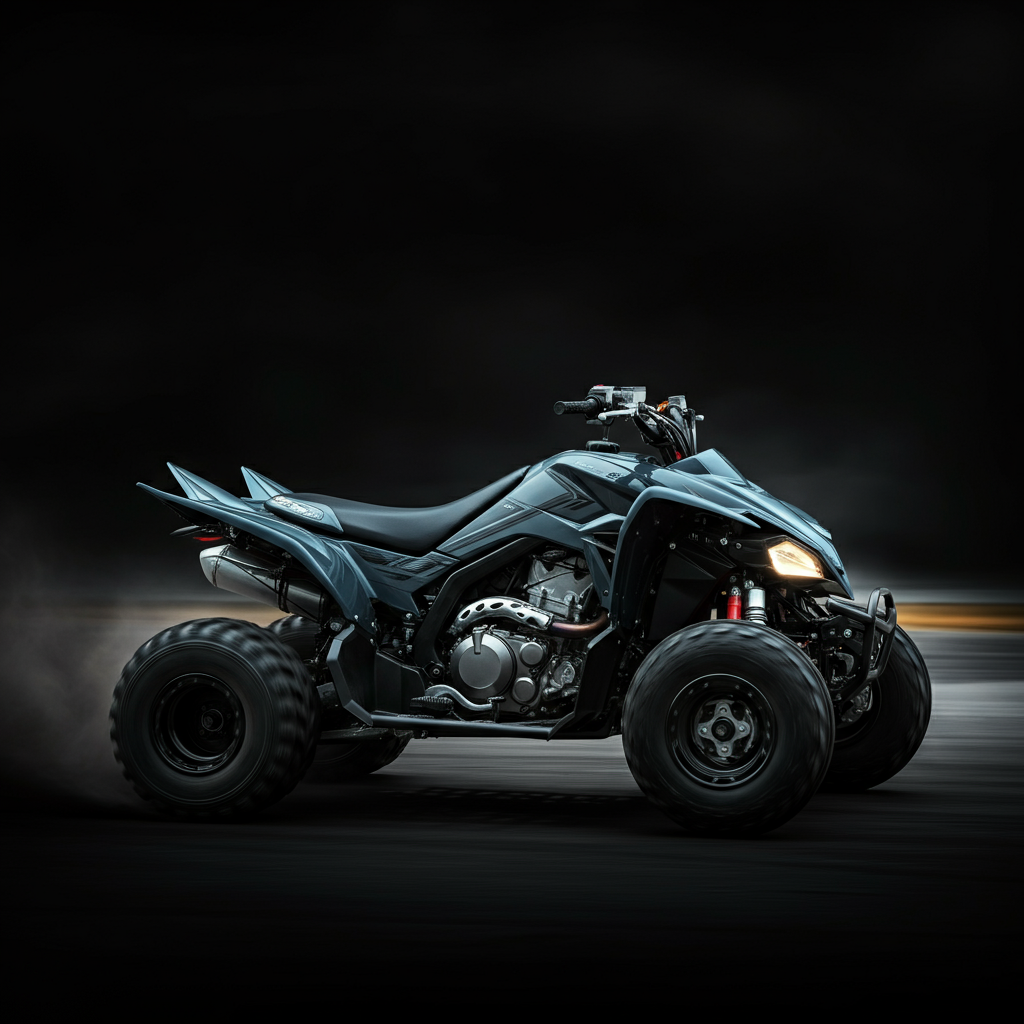 Side view of an ATV in a full drift, with the rear tires spinning and kicking up dirt. The rider is leaning slightly into the turn. The background is blurred, emphasizing the motion.