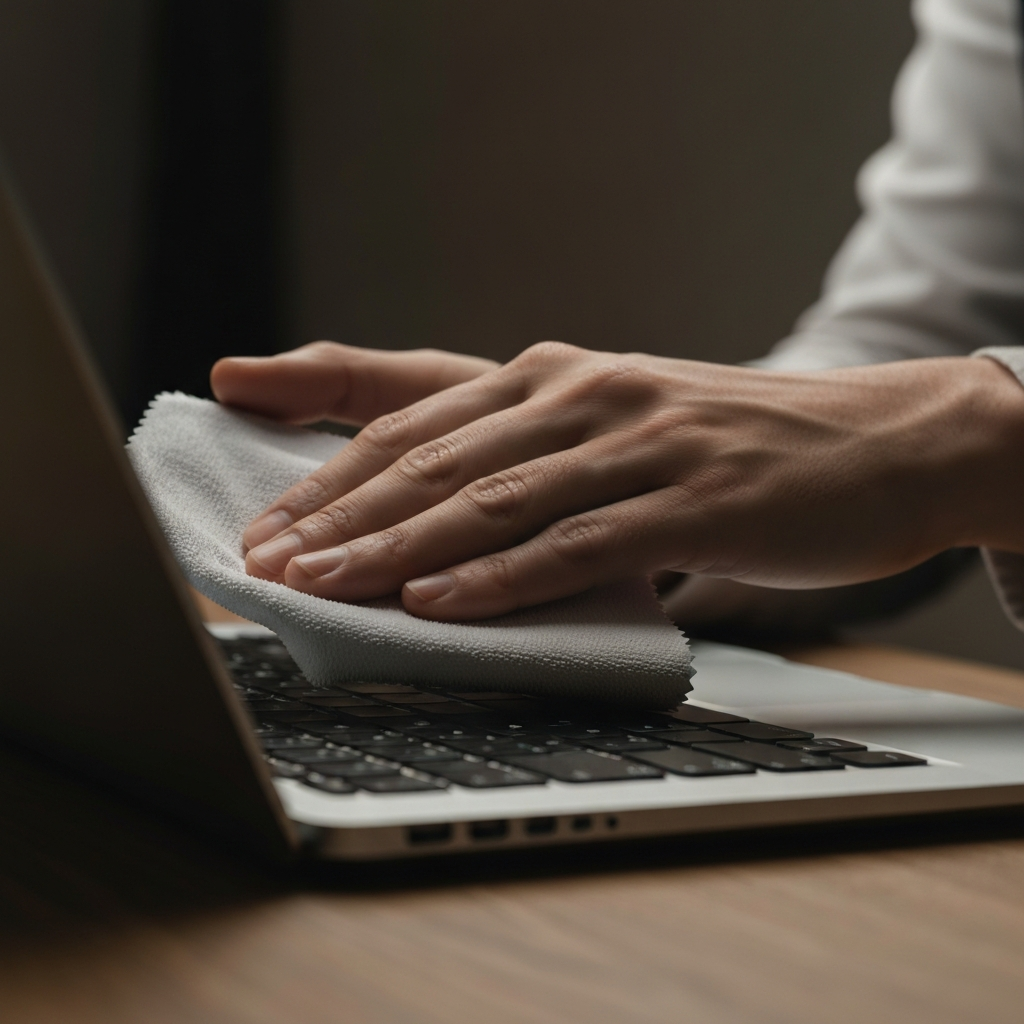 Close-up of a person's hands gently wiping a MacBook screen with a microfiber cloth in a dimly lit room. Soft bokeh on the background highlighting the texture of the cloth and the screen surface.