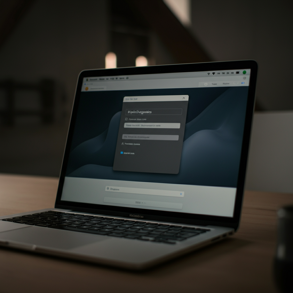 Slightly low angle shot of a MacBook screen displaying the Apple Diagnostics interface. Focus is sharp on the progress bar and the text prompts. The surrounding desk is clean and uncluttered.