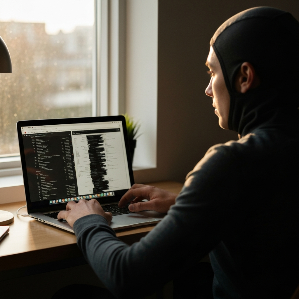 A person sitting at a desk, looking intently at a MacBook screen displaying diagnostic results. Soft natural light filters in from a window, side-lighting the person's face and hands. The atmosphere is calm and focused.