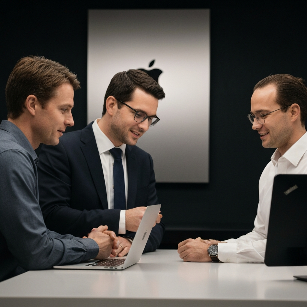 A brightly lit Apple Store Genius Bar with a technician examining a MacBook. The background is blurred, focusing on the interaction between the customer and the technician. Both are professionally dressed and engaged in a conversation.
