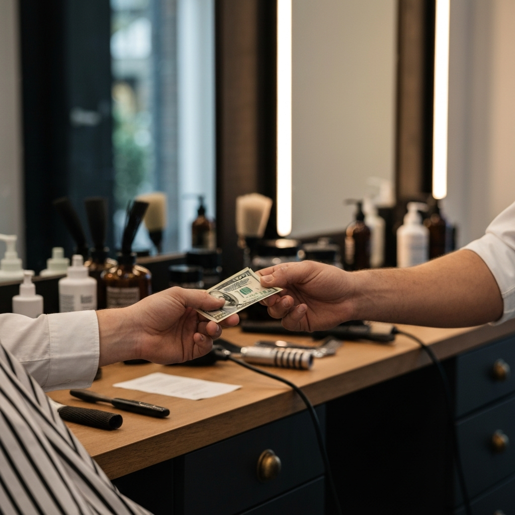 A barber accepting a few folded dollar bills from a client's outstretched hand. The lighting is warm and inviting, focusing on the exchange between the barber and client. The background includes a blurred image of the barber's station, with various tools and products.