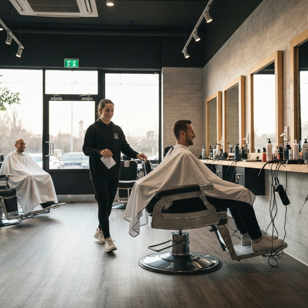 A wide shot of a modern barbershop interior. Natural light floods the space, highlighting the clean lines of the chairs and styling stations. A client sits comfortably in a barber chair, smiling, while the barber adjusts the cape.