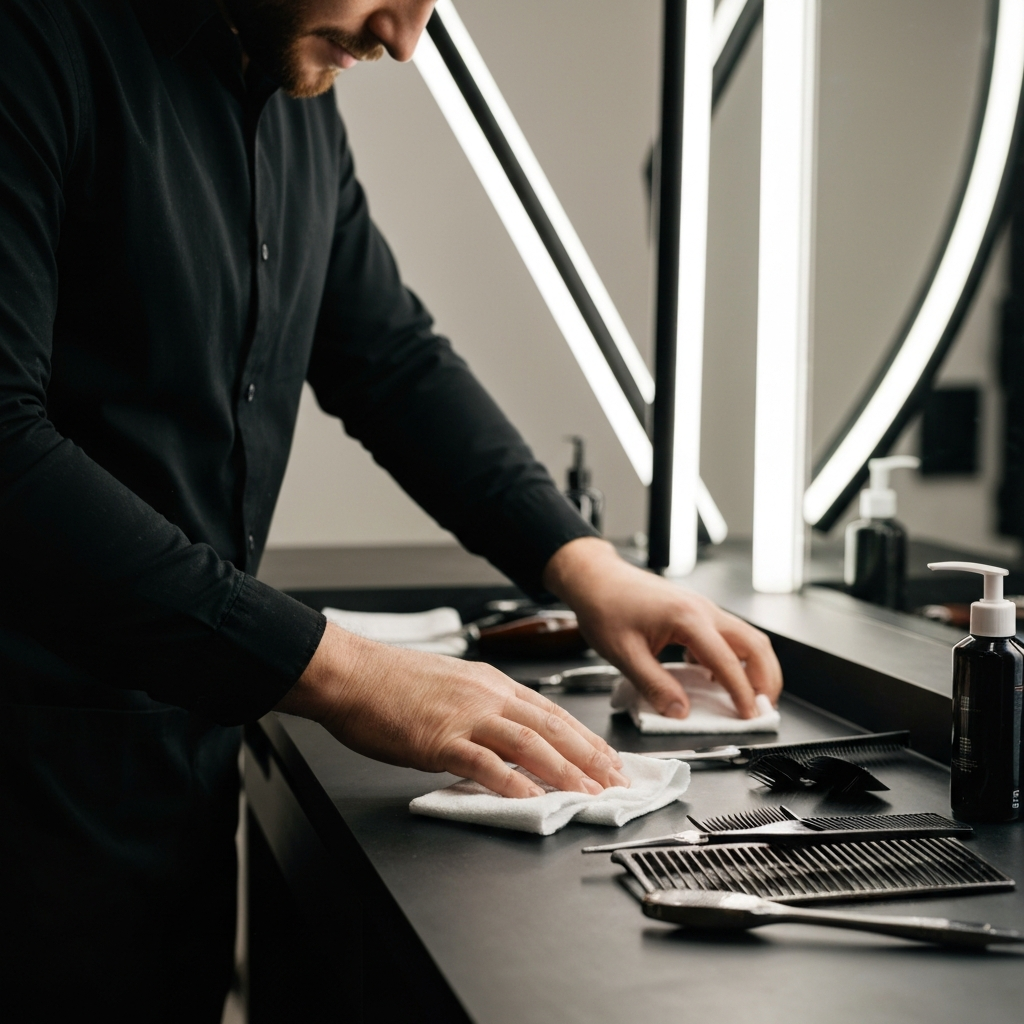 A barber carefully cleaning his workstation, wiping down surfaces and sanitizing tools. The lighting is bright and clean, emphasizing the hygiene of the environment. Focus is on the methodical and careful cleaning process.