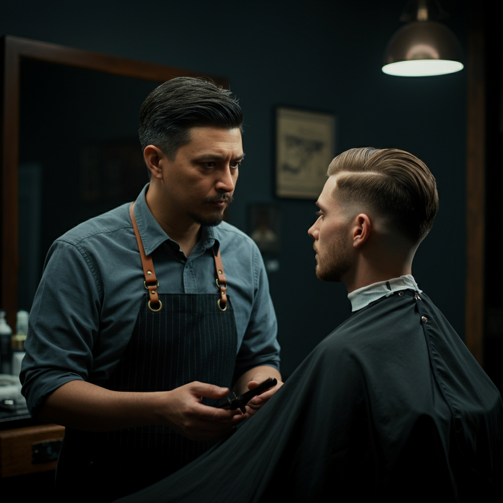 A client and barber in a polite but serious discussion about the haircut. The lighting is neutral and diffused, highlighting the expressions on their faces. The focus is on the communication and problem-solving between the two individuals.
