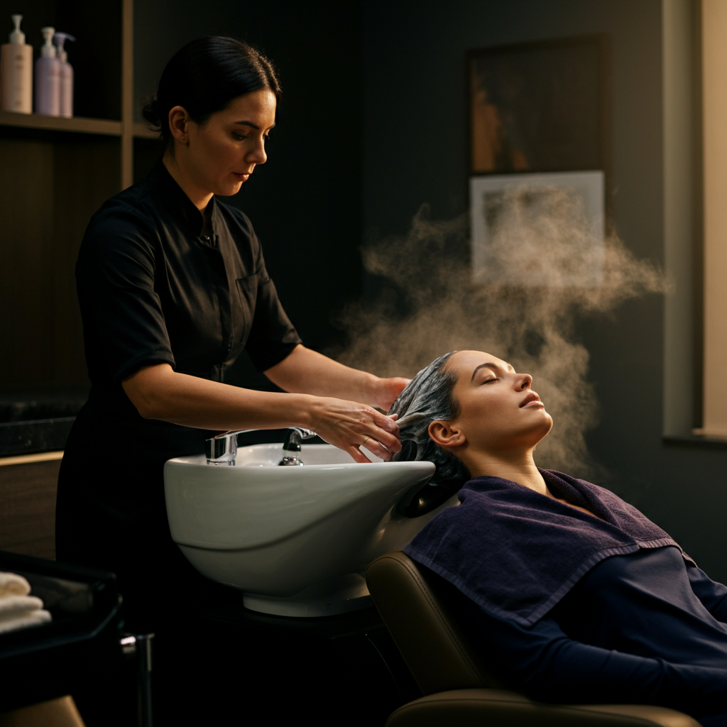 A salon assistant carefully shampooing a client's hair in a reclining chair. The lighting is soft and relaxing, emphasizing the comfort and pampering of the experience. Steam rises gently from the warm water.