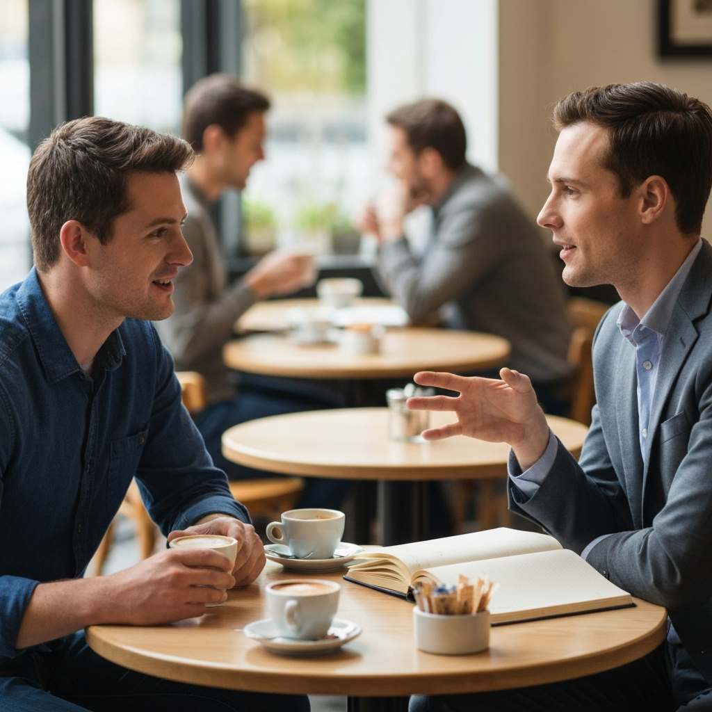 A brightly lit cafe, two people sitting at a small round table, engaging in a friendly conversation. One person gestures with a coffee cup, while the other listens attentively with a notebook open. Soft bokeh in the background shows other patrons enjoying their coffee. Table shows simple coffee cups and sugar packets.