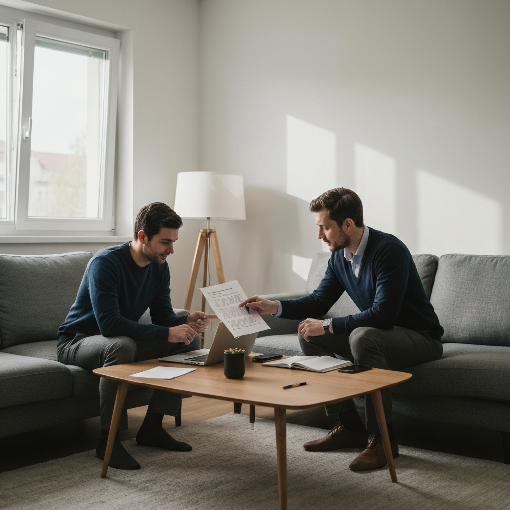 A well-lit living room with two roommates sitting at a coffee table, reviewing a document. The room is tidy and organized, with a laptop and pens on the table. One roommate points to a specific clause in the document, while the other nods in agreement. Natural light filters through a nearby window.