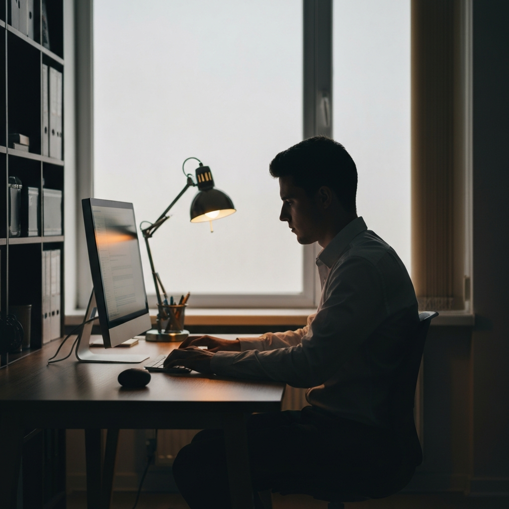 A side-lit desk in a tidy, modern shared home office. A young professional is silhouetted, working quietly at a computer, head bowed slightly in concentration. The warm glow of a desk lamp illuminates the area around the computer, creating a contrast with the shadows.