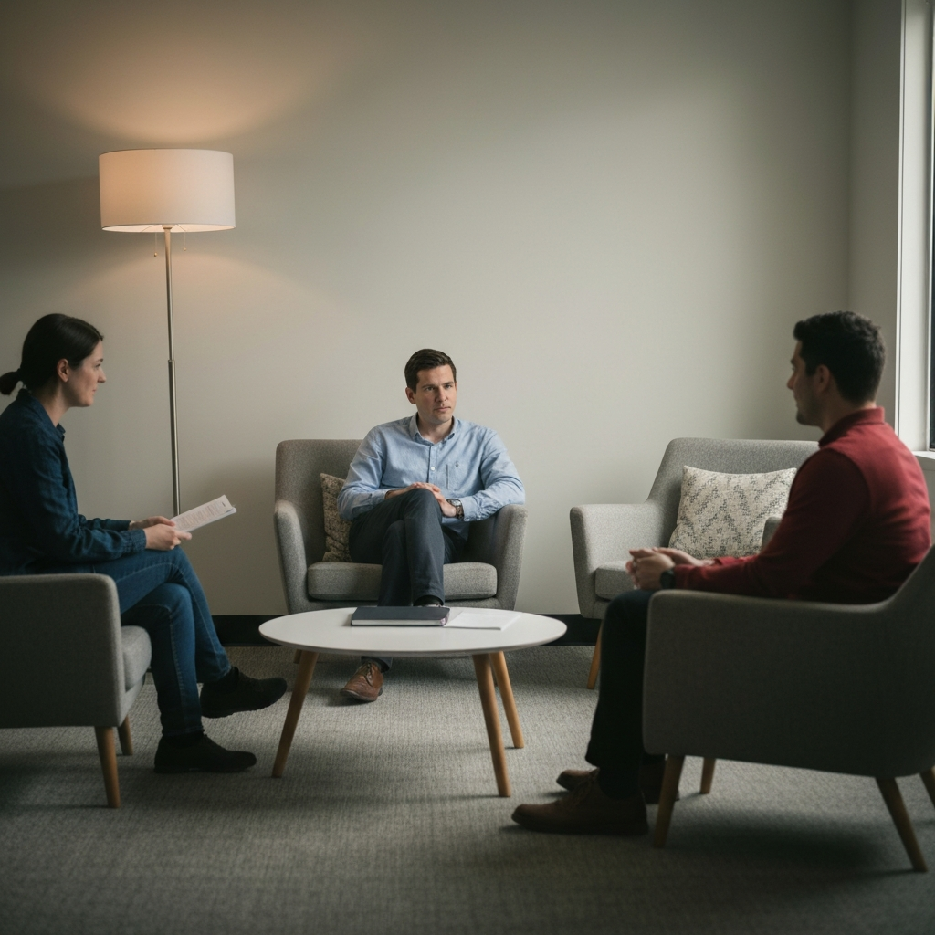 A well-appointed common room in a co-living space. Two people are seated on comfortable armchairs, facing each other. A third person, acting as a mediator, sits slightly to the side, listening attentively. Soft indirect lighting fills the room, creating a calm and neutral atmosphere.