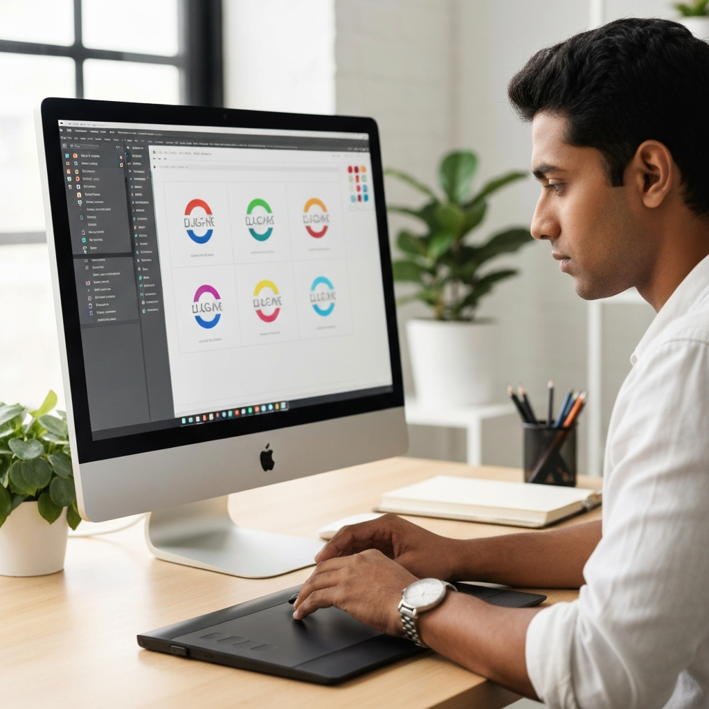 A graphic designer working at a computer. A large monitor displays a logo design with various iterations and color options. The designer's hands hover over a drawing tablet, refining the design. Soft, diffused lighting illuminates the workspace.