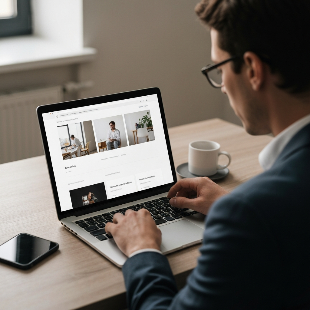 A freelancer reviewing their website on a laptop screen. The website showcases a clean and professional design with a portfolio of projects. The room is well-lit with soft, warm light, and the freelancer has a focused expression.