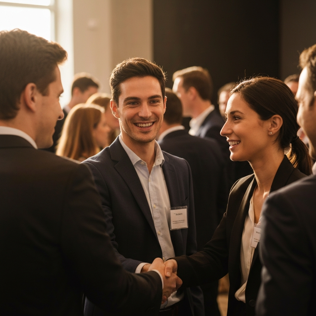 A freelancer at a networking event, smiling and shaking hands with another professional. The background is filled with other people engaged in conversations, creating a vibrant and energetic atmosphere. Warm lighting enhances the sense of connection and collaboration.