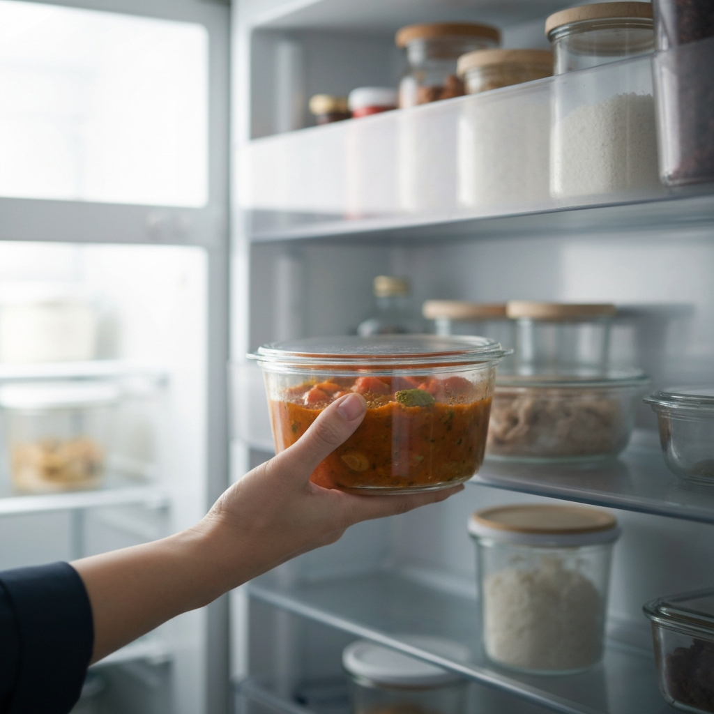Close-up shot of a hand placing a covered glass container of leftover stew into a refrigerator. The refrigerator is well-lit, with other organized containers visible. Soft focus background.