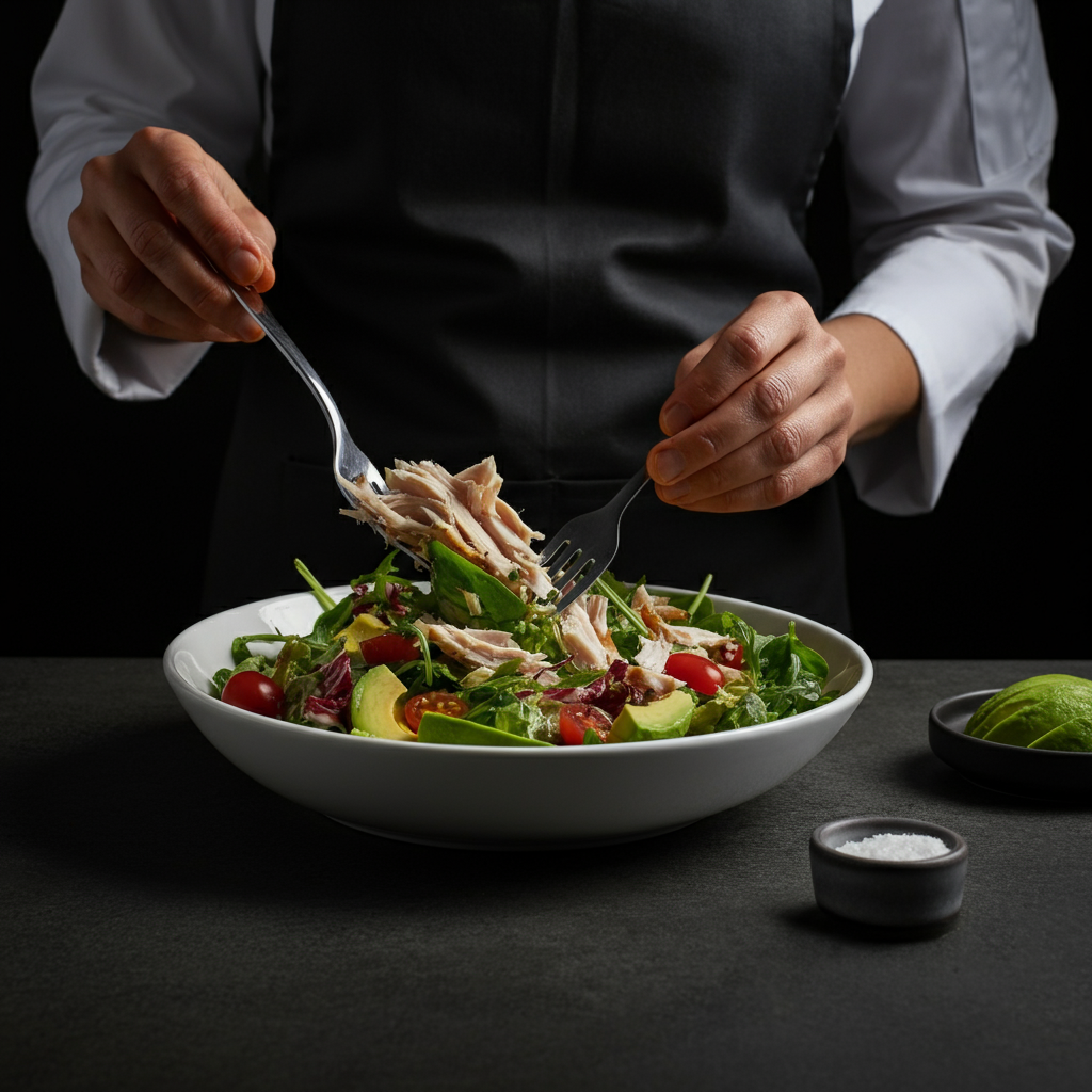 A chef preparing a salad with shredded leftover roasted chicken. The salad includes mixed greens, cherry tomatoes, avocado, and a light vinaigrette. Bright, airy kitchen setting.