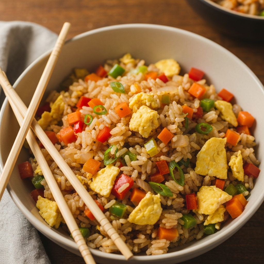 A bowl of colorful fried rice with leftover cooked rice, diced vegetables, and scrambled egg. Chopsticks are resting on the side of the bowl. Warm, inviting lighting.