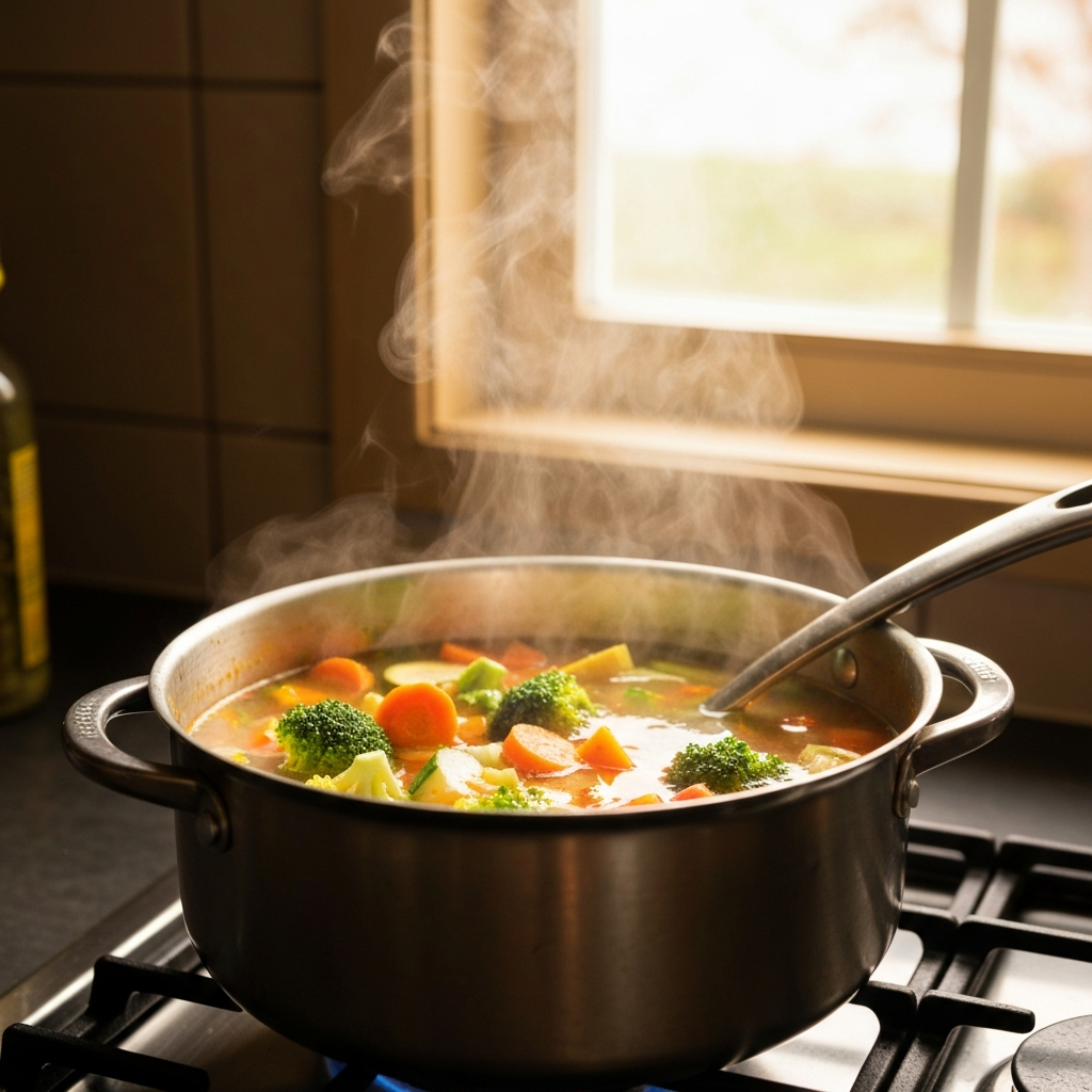 A vibrant vegetable soup simmering in a pot on the stove. The soup contains a variety of colorful leftover vegetables, such as carrots, broccoli, and zucchini. Natural daylight streaming into the kitchen.