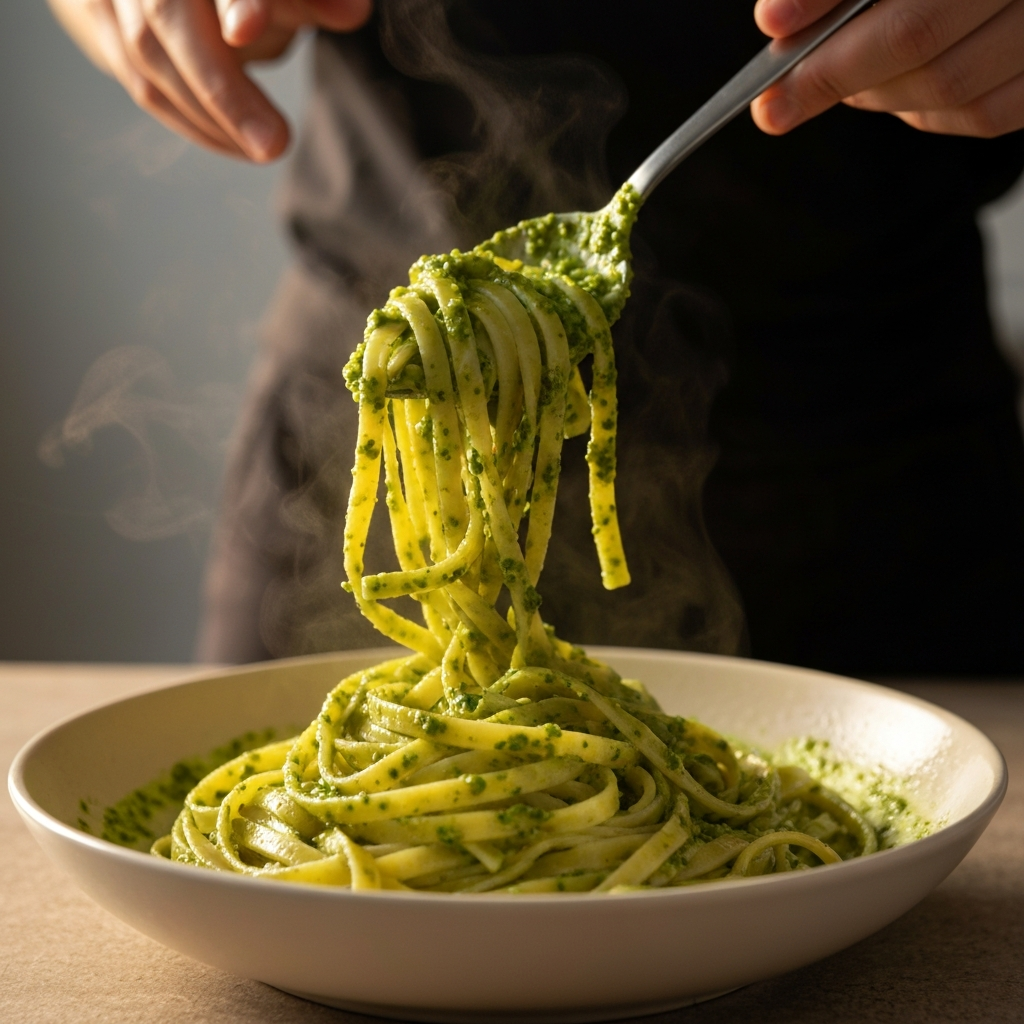 A close-up shot of pasta being tossed with pesto sauce in a bowl. The pesto is vibrant green and the pasta is perfectly cooked. Side-lit with shallow depth of field.
