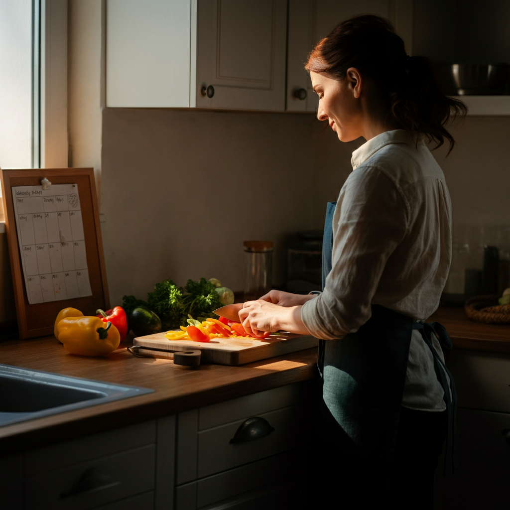 A brightly lit kitchen. A woman stands at a butcher block counter, chopping colorful vegetables. A weekly meal plan hangs on a nearby corkboard. Sunlight streams through the window, highlighting the textures of the wood and produce.