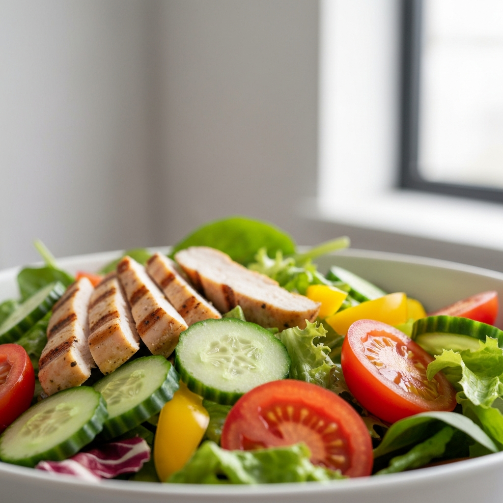 A close-up shot of a colorful salad. The salad contains mixed greens, sliced tomatoes, cucumber, bell peppers, and grilled chicken. The shot is side-lit, showcasing the textures of the fresh ingredients.