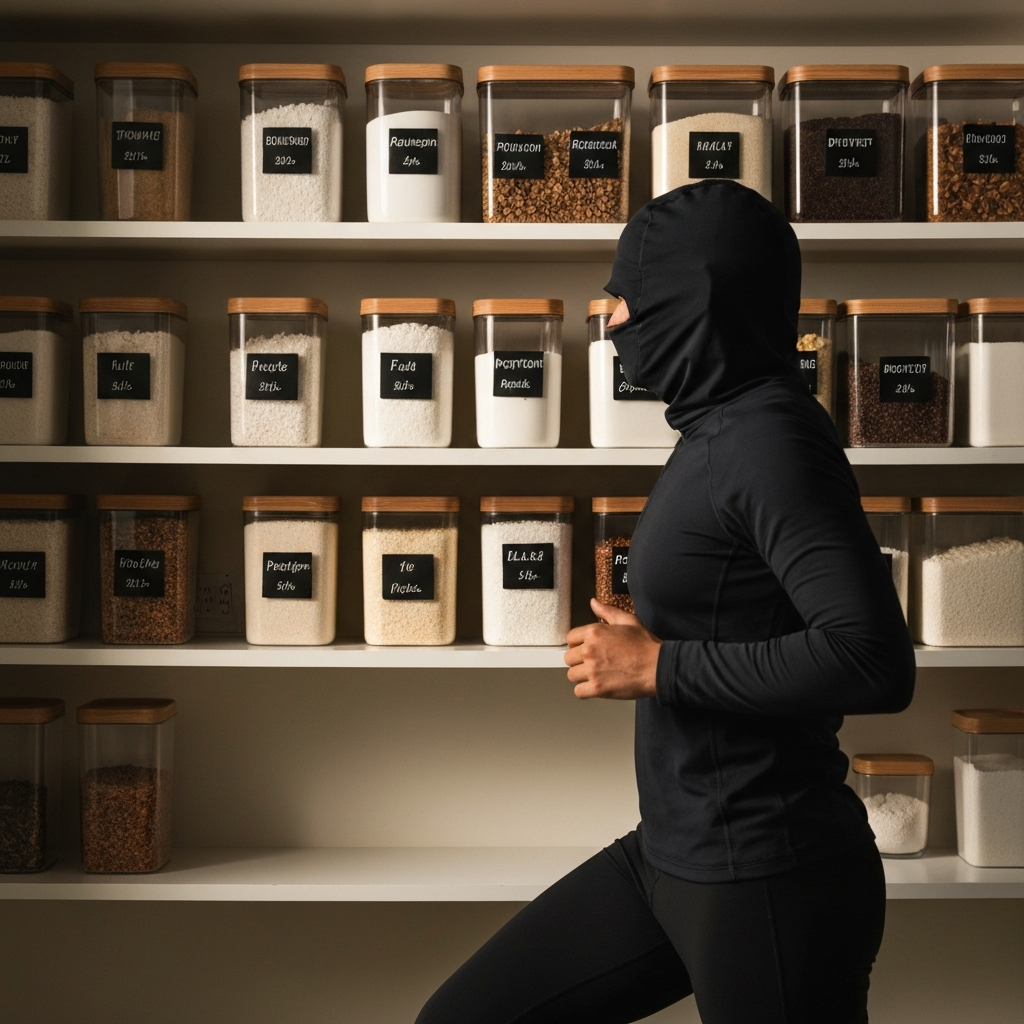 A well-organized pantry. Various containers are neatly arranged on shelves, each labeled with its contents and portion sizes. The lighting is soft and diffused, highlighting the clean lines and organization.