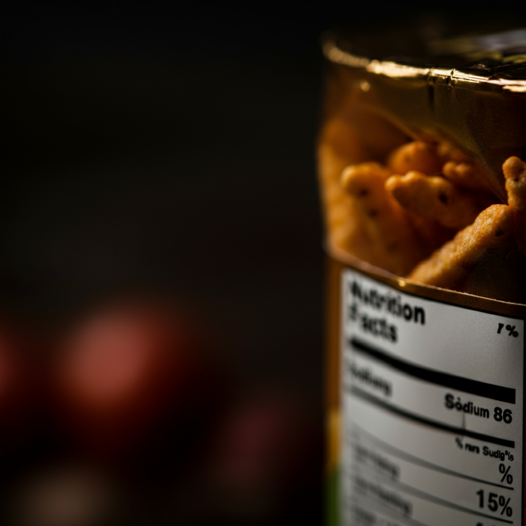 A close-up shot of a food label on a packaged snack. The camera focuses on the nutrition facts panel, highlighting the high levels of sodium, sugar, and fat.