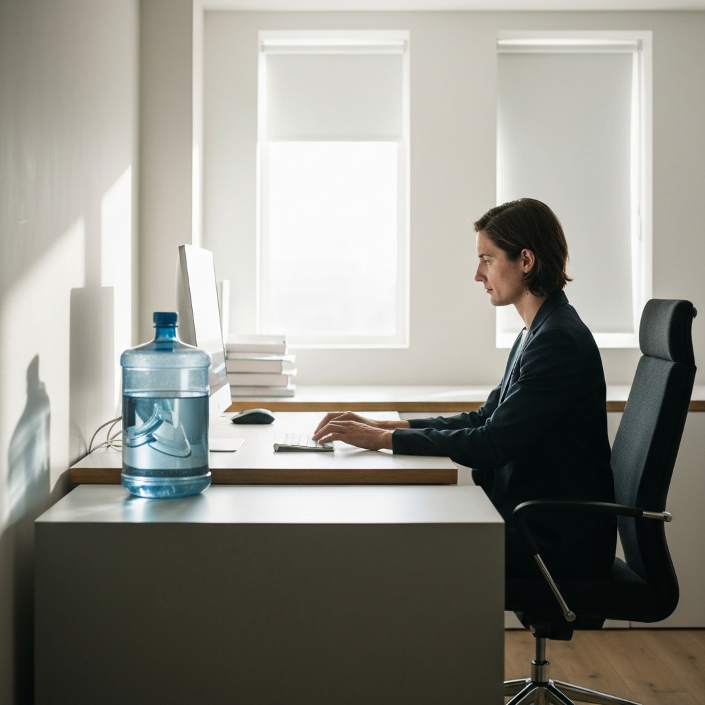 A person sitting at a desk, working on a computer. A large water bottle sits nearby. The lighting is natural and bright, creating a productive and healthy atmosphere.