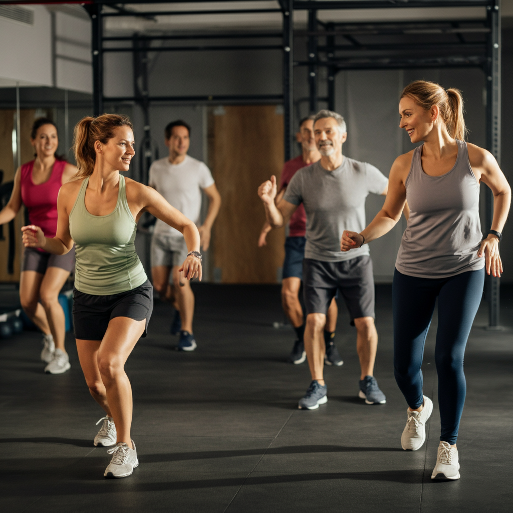 A group of people participating in a low-impact aerobics class. The instructor is leading the class with enthusiasm, and the participants are smiling and engaged. The gym is bright and airy.