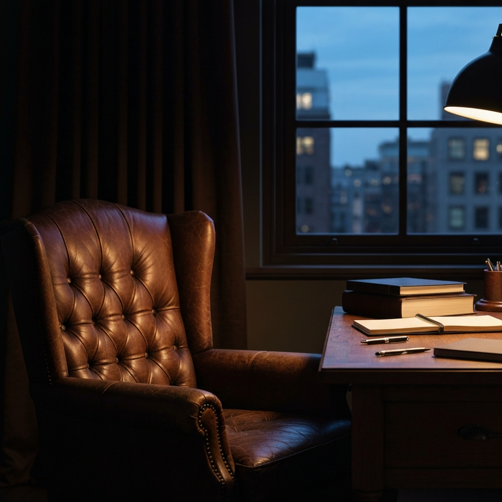 A softly lit study with a worn leather armchair, a wooden desk covered in notebooks and pens, and a window showing a blurry cityscape at twilight. The focus is on the textures of the leather and wood.