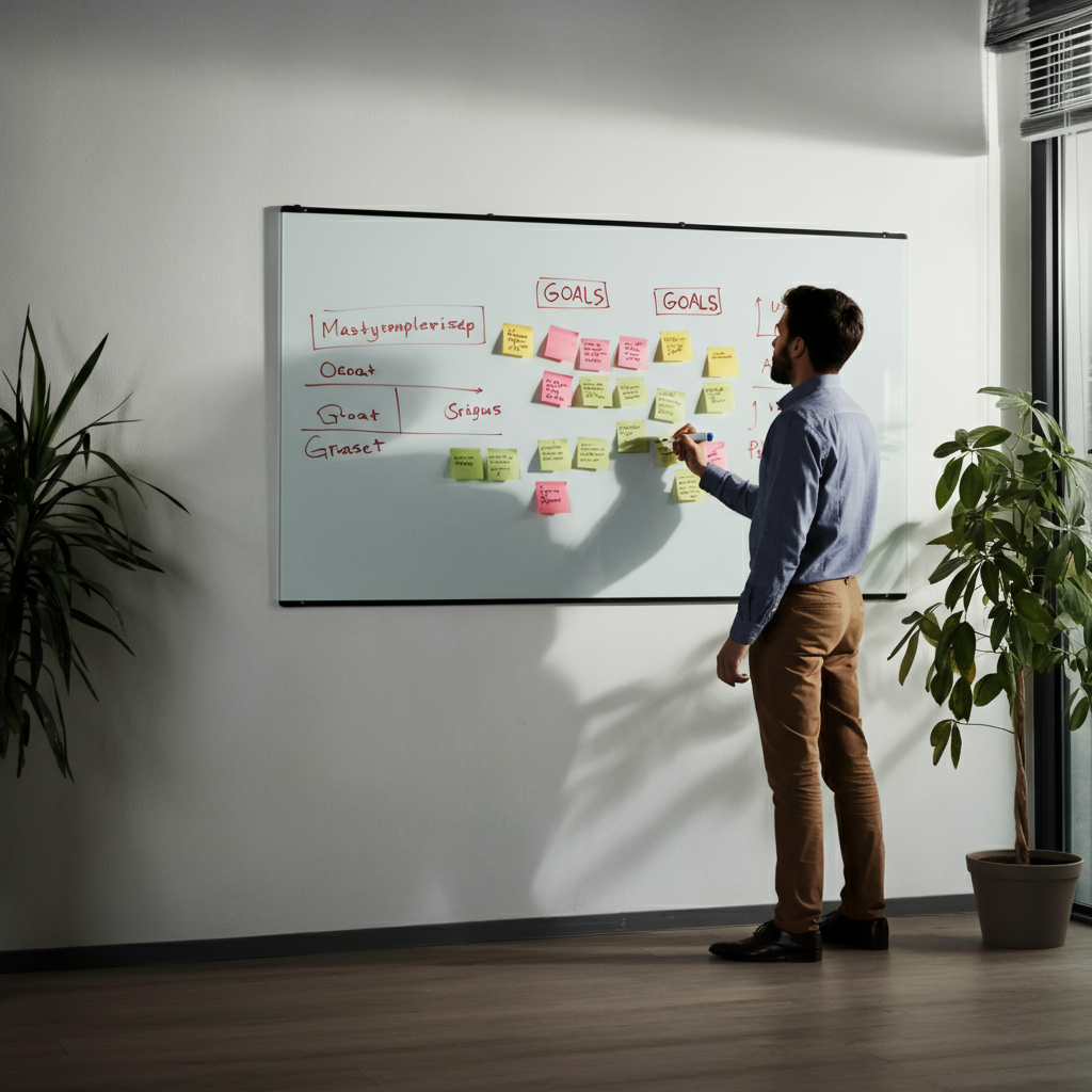 A brightly lit office with a whiteboard covered in colorful sticky notes and handwritten goals. A person in professional attire is standing next to the board, pointing to a specific goal with a marker.