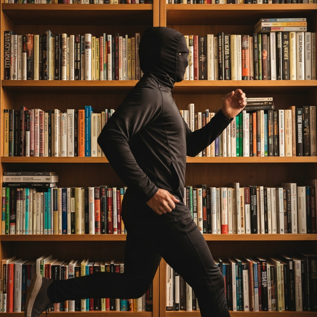 A well-stocked bookshelf filled with books on various topics. Soft bokeh in the background creates a sense of depth and learning.