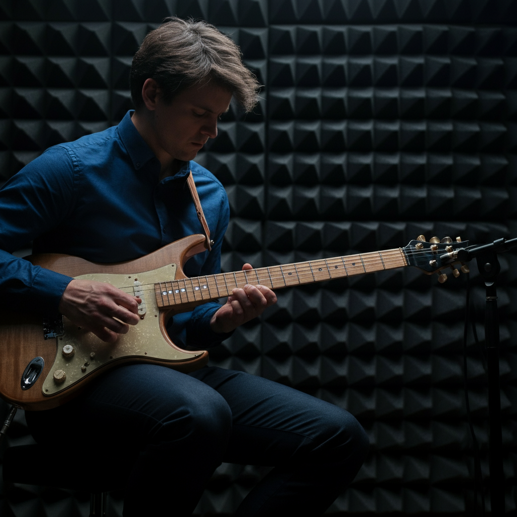 A musician practicing a musical instrument in a soundproofed room. The lighting is focused on their hands and the instrument, highlighting the details of their technique.