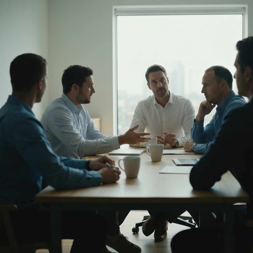 A group of people engaged in a lively discussion around a table in a modern office space. Natural light floods the room, creating a collaborative and energetic atmosphere.