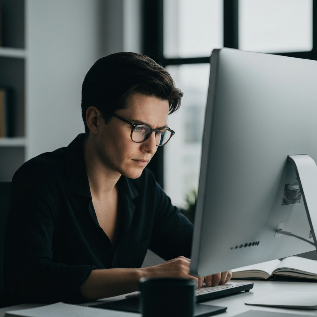 A person sitting at a desk, illuminated by the glow of a computer screen. They are wearing glasses and appear focused on learning new information. The background is blurred, emphasizing the individual's concentration.