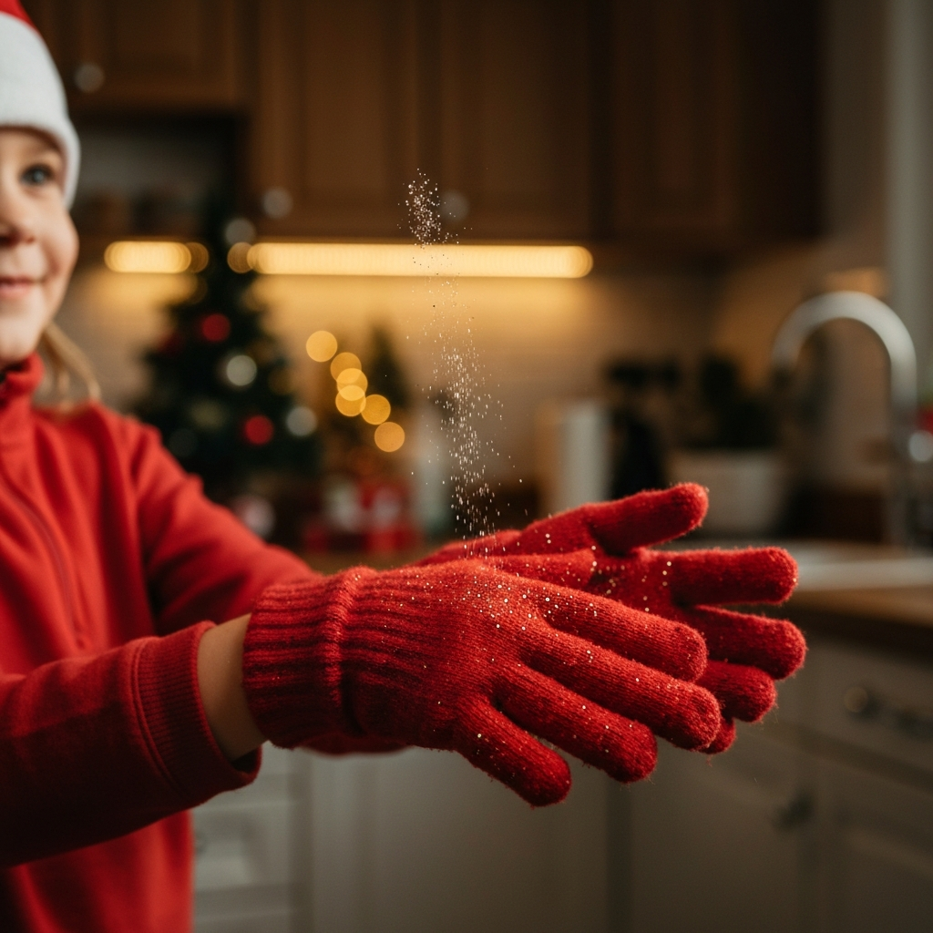 A young child's hands, covered in glitter from sprinkling "magic dust" on a pair of bright red winter gloves. The background is a warmly lit kitchen with Christmas decorations visible.
